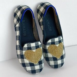 Rothy’s Kids Girls Size 1 Limited Edition Gingham Flats Gold Heart Slip On Shoes